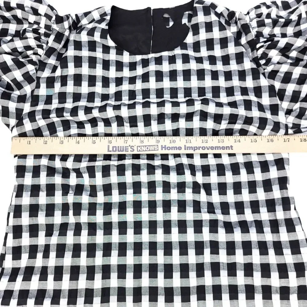J CREW Puff Sleeve mini dress textured plaid Womens XS Cottagecore Black White